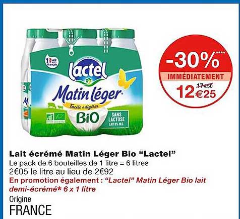 Lait écrémé Matin Léger Bio "lactel"