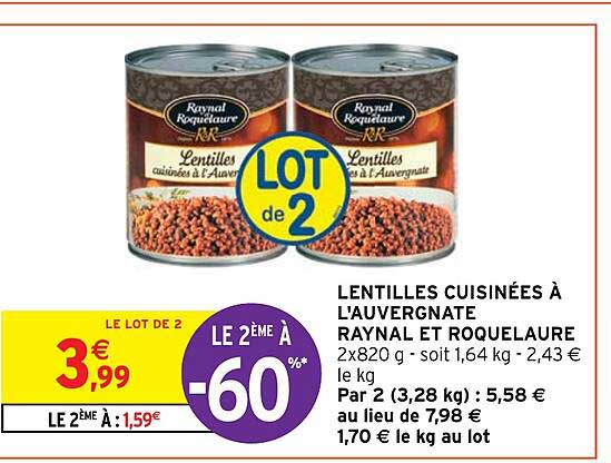 lentilles cuisinées à l'auvergnate raynal et roquelaure