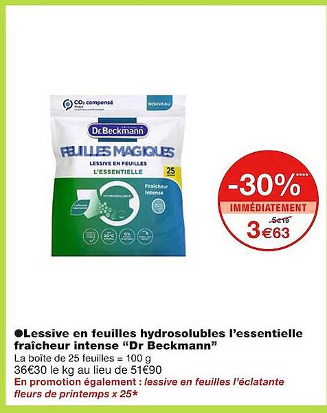 lessive en feuilles hydrosolubles l'essentielle fraîcheur intense "dr beckmann"