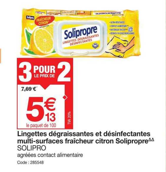 Lingettes Dégraissantes Et Désinfectantes Multi-surfaces Fraîcheur Citron Solipropre Solipro