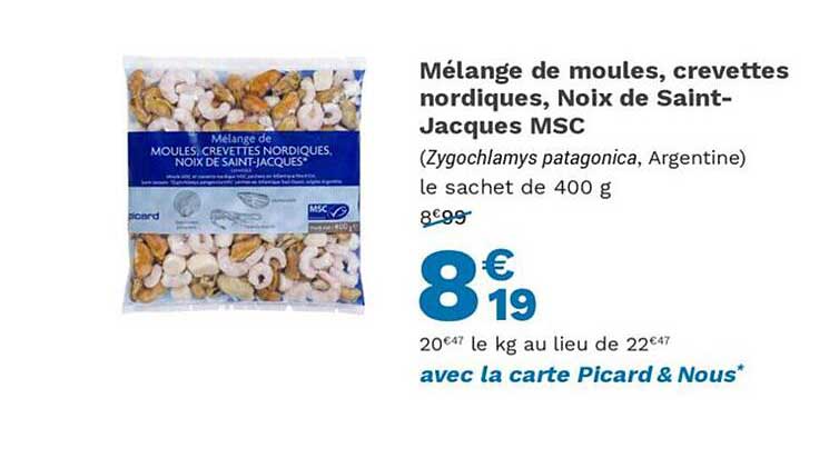 mélange de moules, crevettes nordiques, noix de saint-jacques msc