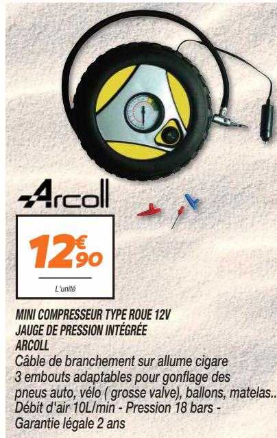 mini compresseur type roue 12v jauge de pression intégrée arcoll