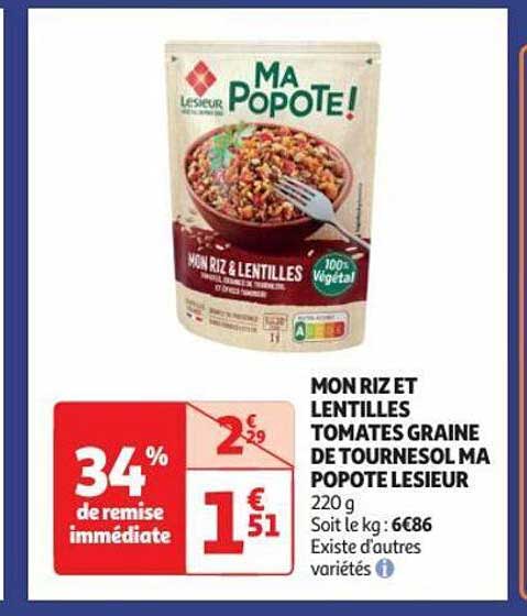 mon riz et lentilles tomates graine de tournesol ma popote lesieur