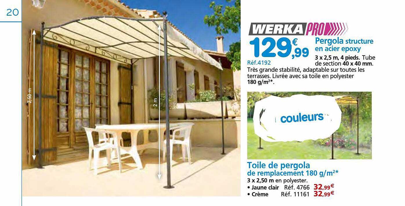 pergola structure en acier epoxy werka pro, toile de pergola
