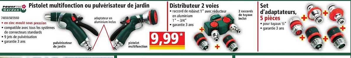 pistolet multifonction ou pulvérisateur de jardin powertec garden, distributeur 2 voies powertec garden, set d'adaptateurs, 5 pièces powertec garden