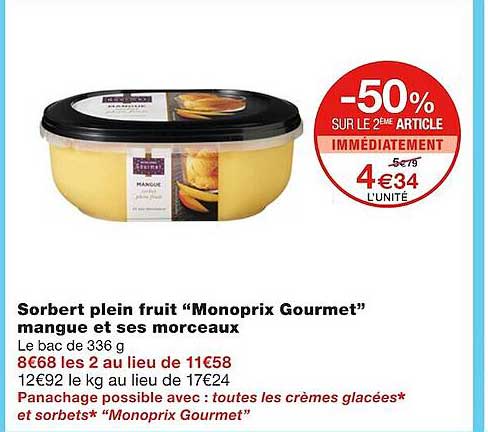 sorbet plein fruit "monoprix gourmet" mangue et ses morceaux
