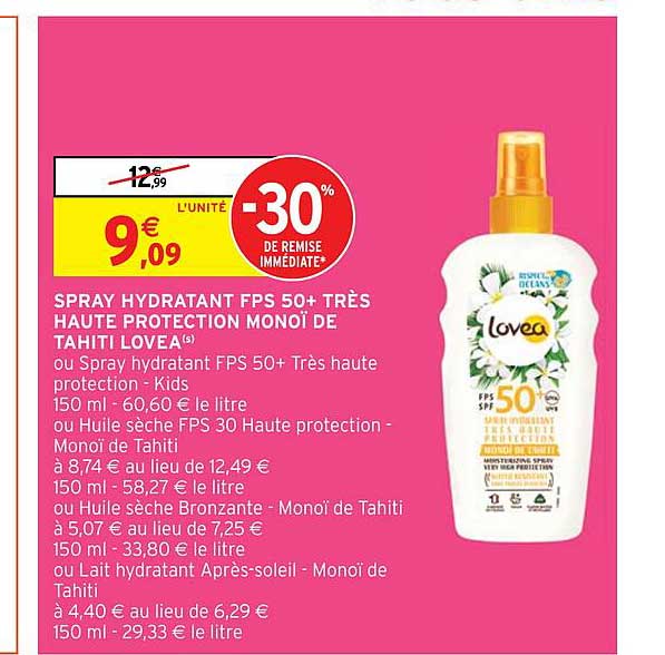 spray hydratant fps 50+ très haute protection monoï de tahiti lovea
