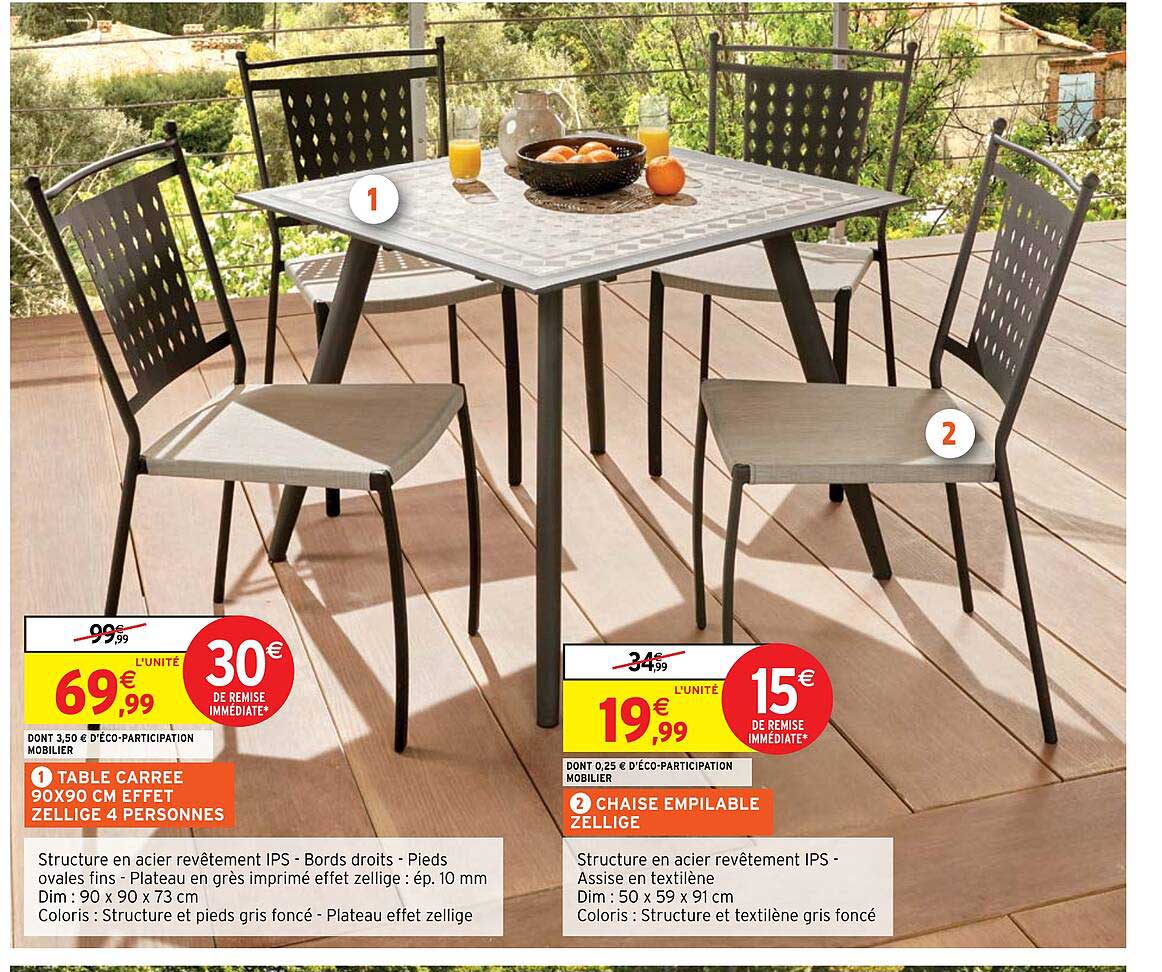 table carrée 90x90 cm effet zellige 4 personnes ou chaise empilable zellige