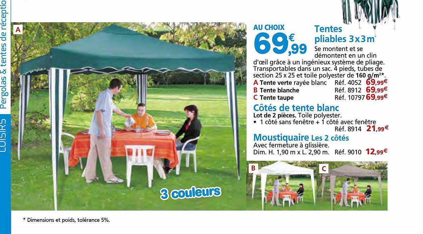 tentes pliables 3 x 3m, côtés de tente blanc, moustiquaire