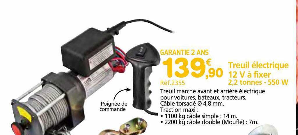 treuil électrique 12v à fixer 2,2 tonnes - 550 w