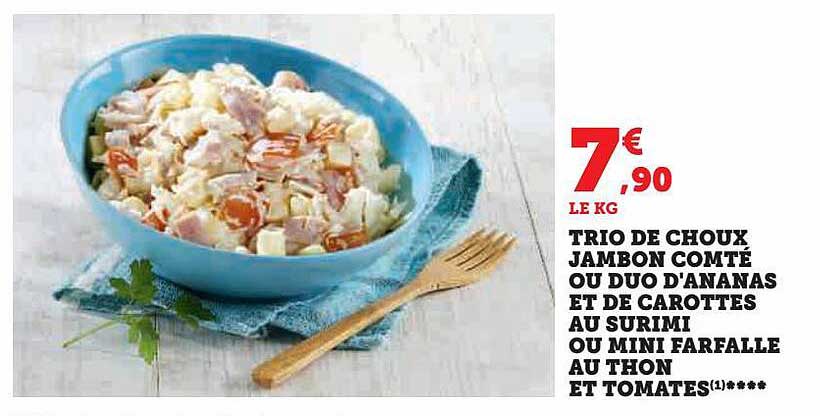 trio de choux jambon comté ou duo d'ananas et de carottes au surimi ou mini farfalle au thon et tomates