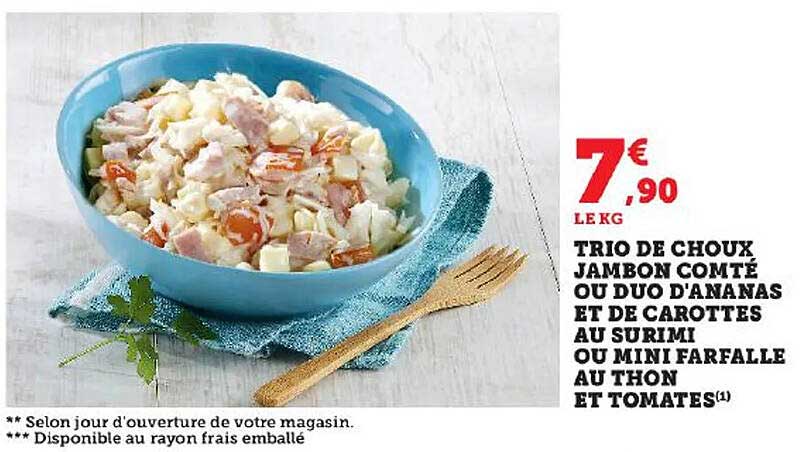 trio de choux jambon comté ou duo d'ananas et de carottes au surimi ou mini farfalle au thon et tomates