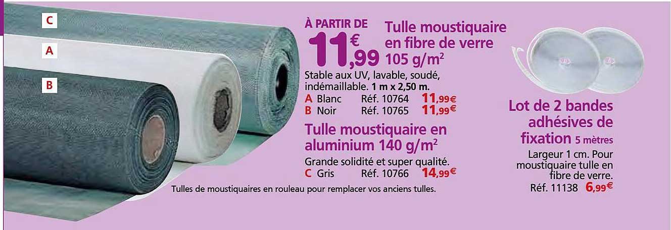 tulle moustiquaire en fibre de verre 105 g-m², tulle moustiquaire en aluminium 140 g-m², lot de 2 bandes adhésives de fixation 5 mètres