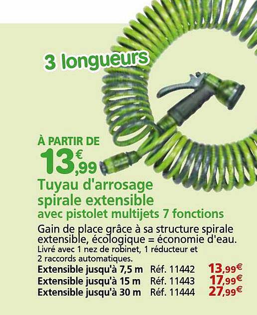 tuyau d'arrosage spirale extensible avec pistolet multijets 7 fonctions