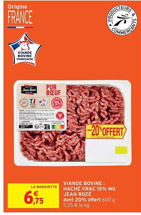 viande bovine : haché vrac 15% mg jean rozé