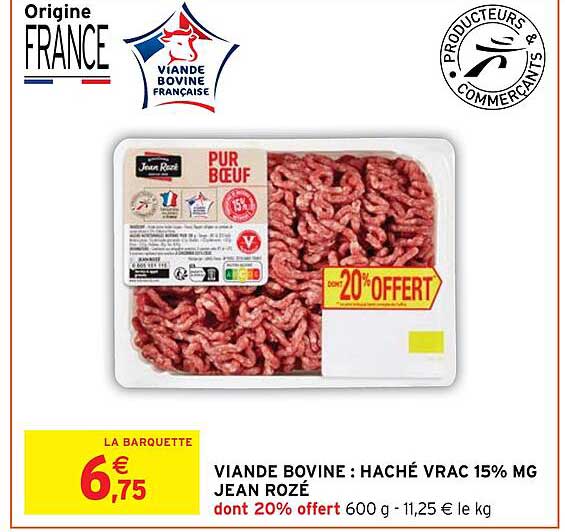 Viande Bovine : Haché Vrac 15% Mg Jean Rozé