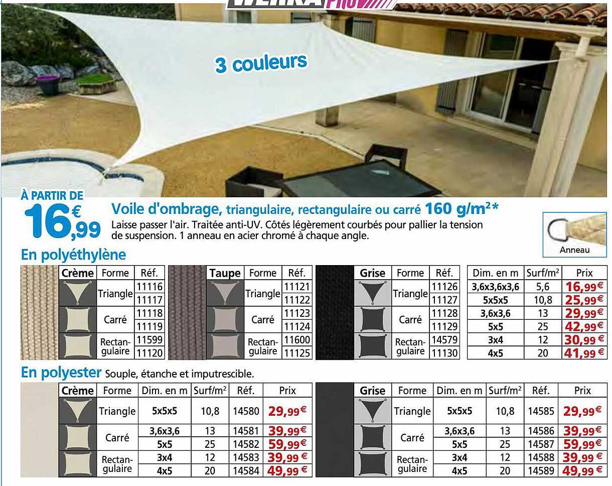 voile d'ombrage, triangulaire, rectangulaire ou carré 160 g-m²
