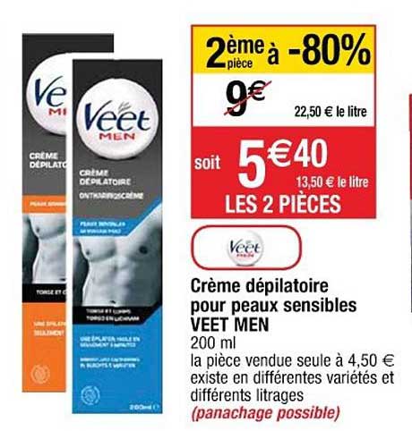 crème dépilatoire pour peaux sensibles veet men 2ème pièce à -80%