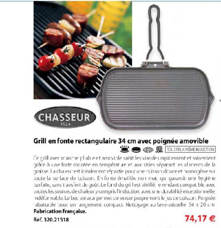 grill en fonte rectangulaire 34 cm avec poignée amovible chasseur