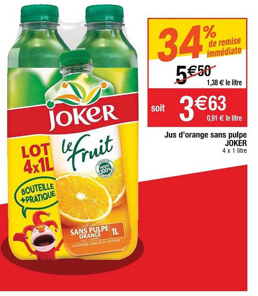 Jus D'orange Sans Pulpe Joker 34% De Remise Immédiate