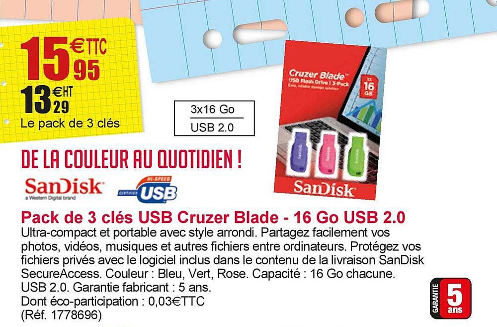 pack de 3 clés usb cruzer blade 16 go usb 2.0 sandisk