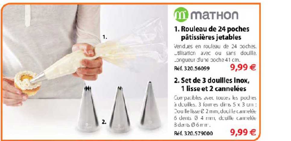 Rouleau De 24 Poches Pâtissières Jetables Set De 3 Douilles Inox 1 Lisse Et 2 Cannelées