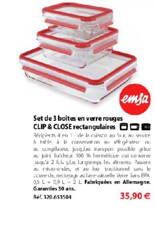 set de 3 boîtes en verre rouges clip & close rectangulaires emsa