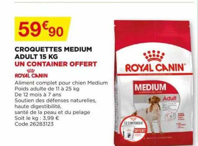 Croquettes Medium Adult 15 Kg Royal Canin, Un Container Offert