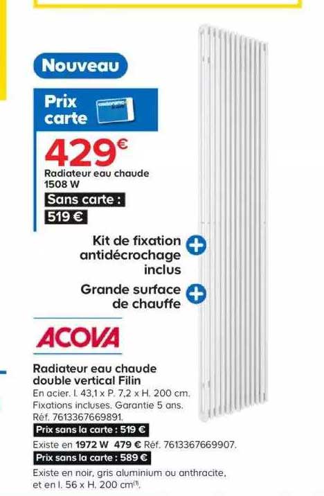 acova radiateur eau chaude double vertical filin