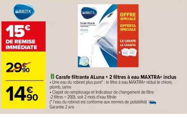carafe filtrante aluna + 2 filtres à eau maxtra+ inclus