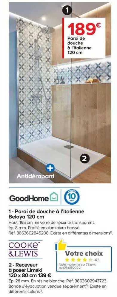 goodhome paroi de douche à l'italienne beloya 120 cm