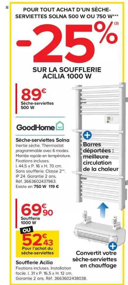 goodhome sèche-serviettes solna ou soufflerie acilia