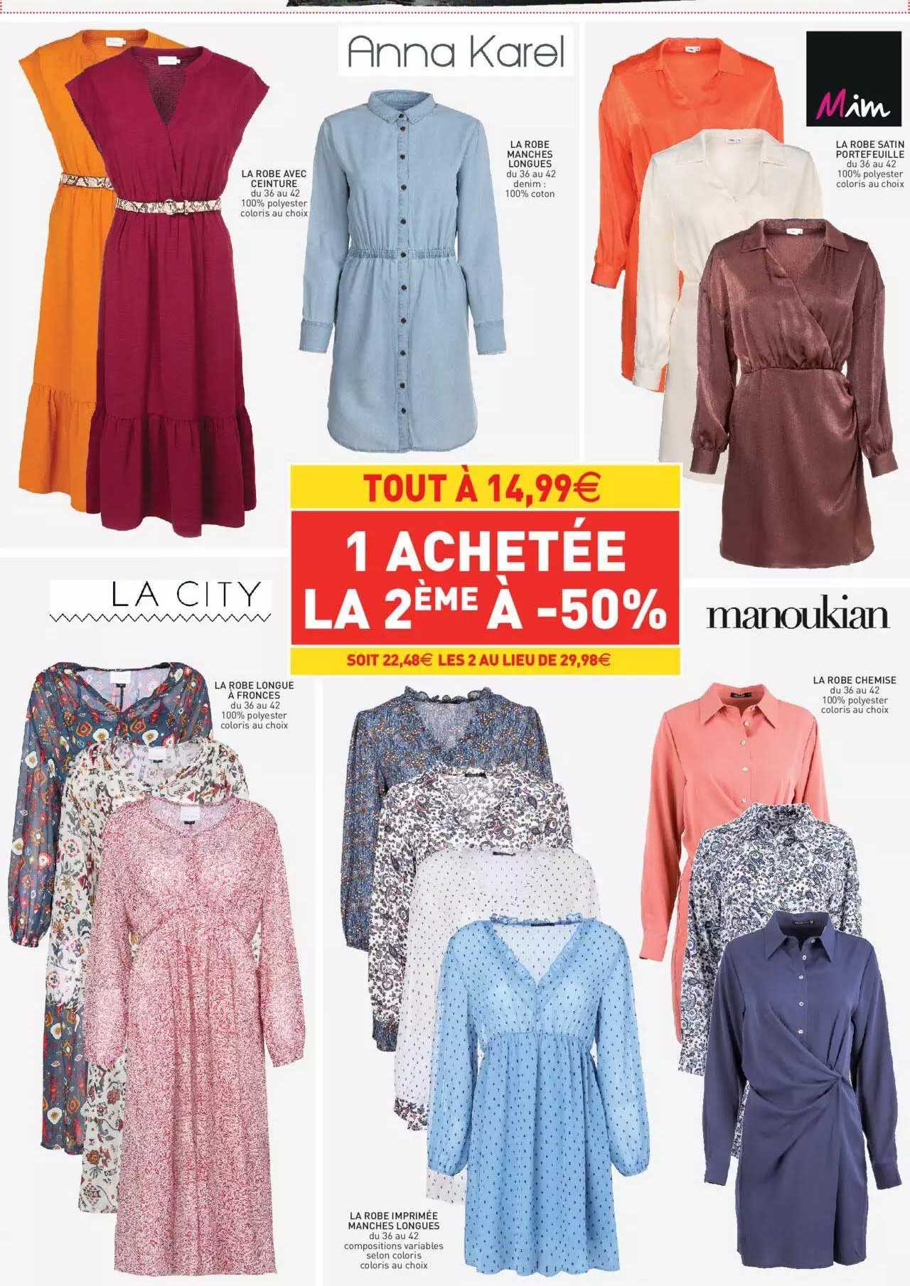 la robe avec ceinture, la robe manches longues anna karel , la robe satin portefeuille, la robe longue à fronces la city, la robe chemise manoukian, la robe imprimée manches longues