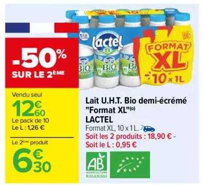 lait u.h.t. bio demi-écrémé "format xl" lactel
