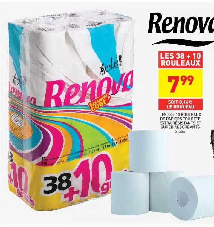 les 38 + 10 rouleaux de papiers toilette extra résistants et super absorbants renova