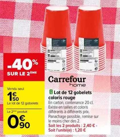 lot de 12 gobelets coloris rouge carrefour homme