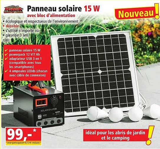 mauk panneau solaire 15 w avec bloc d'alimentation
