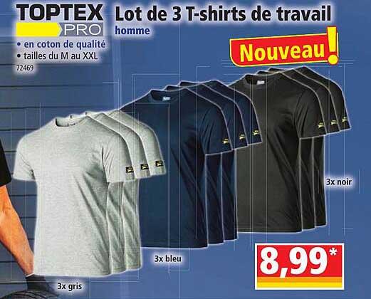toptex pro lot de 3 t-shirts de travail