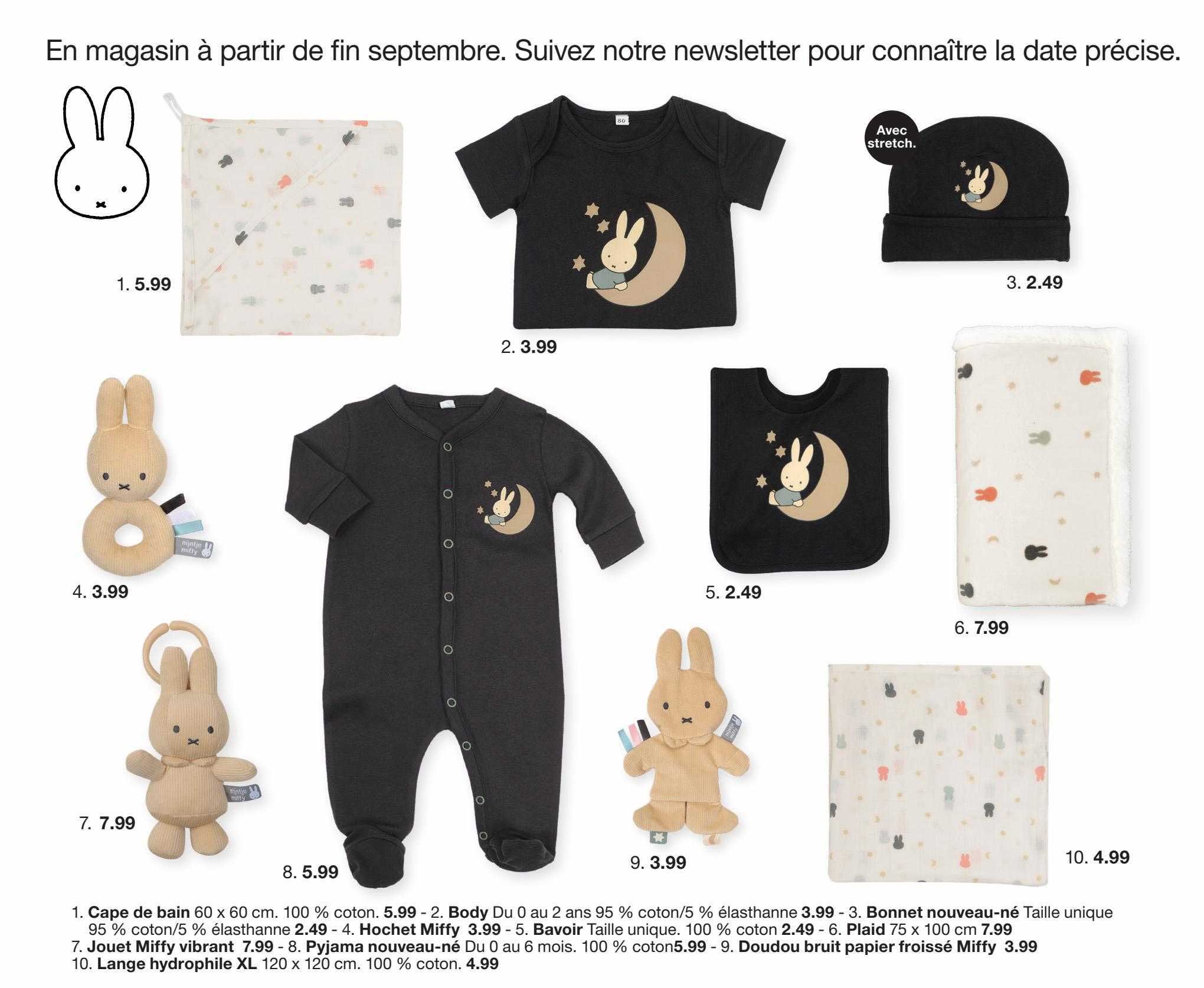 cape de bain, body, bonnet nouveau-né, hochet miffy, bavoir, plaid, jouet miffy vibrant, pyjama nouveau-né, doudou bruit papier froissé miffy, lange hydrophile xl