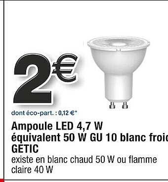 ampoule led 4,7w équivalent 50w gu 10 blanc froid getic