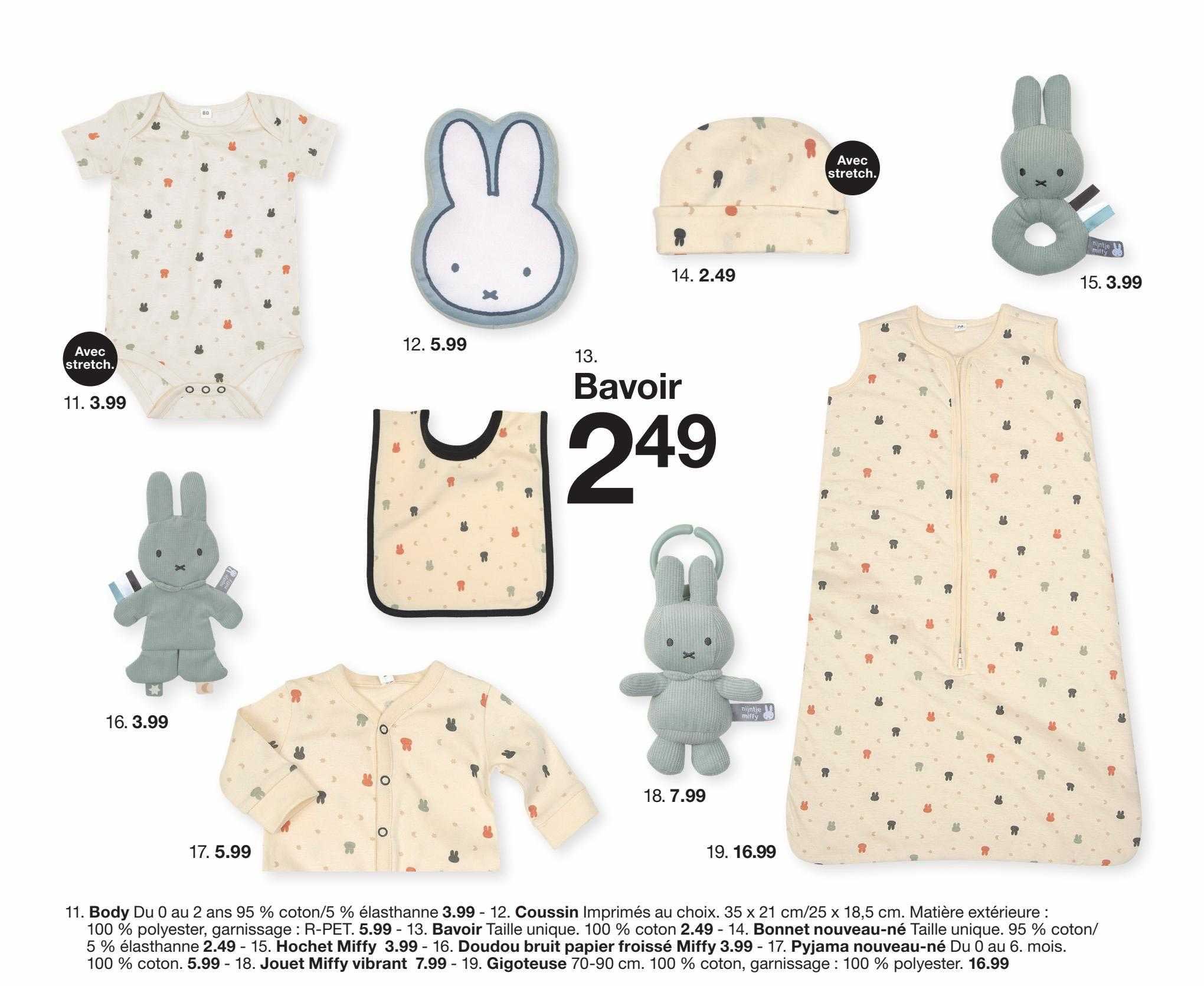 bavoir, body, coussin, bonnet nouveau-né, hochet miffy, doudou bruit papier froissé miffy,pyjama nouveau-né, jouet miffy vibrant, gigoteuse