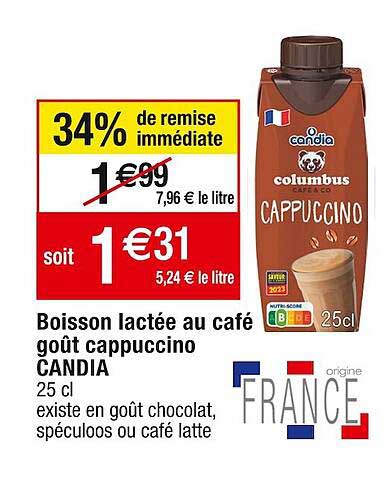 boisson lactée au café goût cappuccino candia