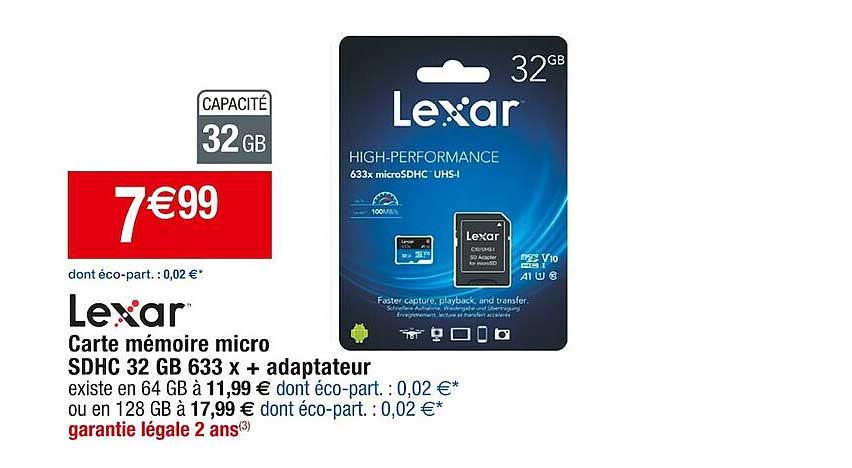 carte mémoire micro sdhc 32 gb 633 x  + adaptateur lexar
