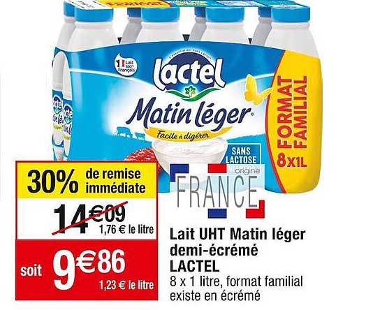 lait uht matin léger demi-écrémé lactel