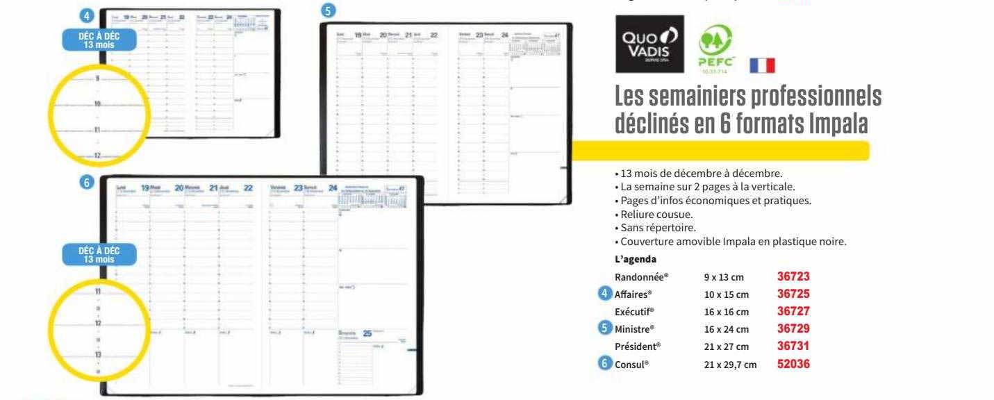 les semainiers professionnels déclinés en 6 formats impala quovadis