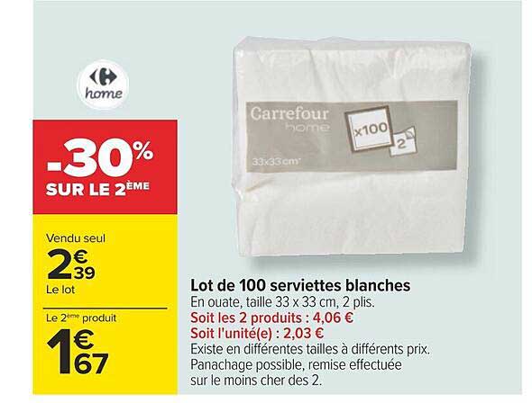 Lot De 100 Serviettes Blanches Carrefour Home