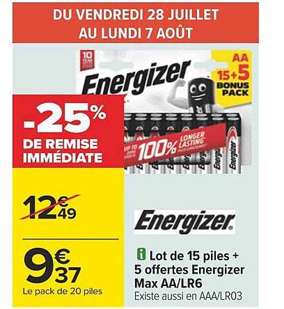 lot de 15 piles + 5 offertes energizer max aa/lr6