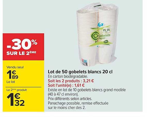 lot de 50 gobelets blancs 20cl