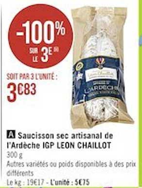 saucisson sec artisanal de l'ardèche igp léon chaillot