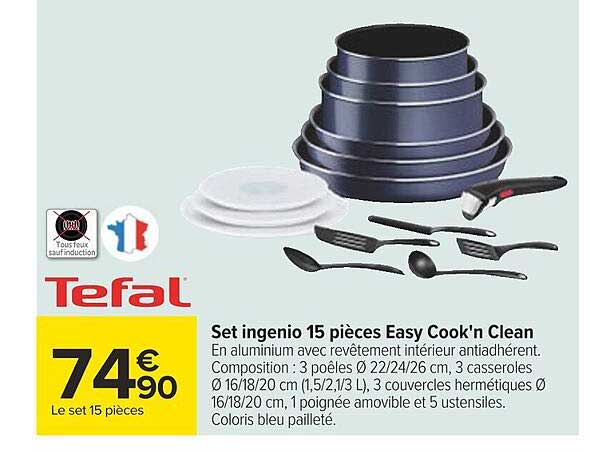 set ingenio 15 pièces easy cook'n clean tefal